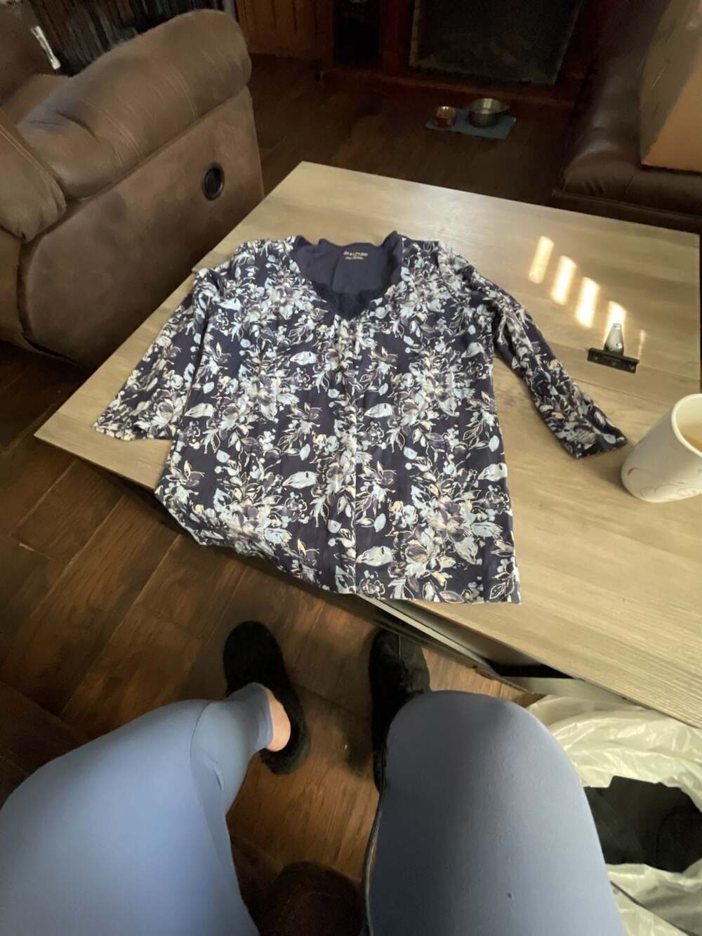 St. John's Bay Floral V-Neck Top Size L Blue Lace Trim